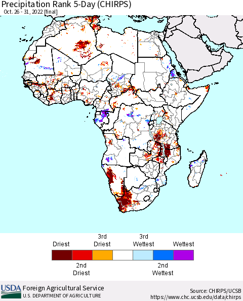Africa Precipitation Rank 5-Day (CHIRPS) Thematic Map For 10/26/2022 - 10/31/2022