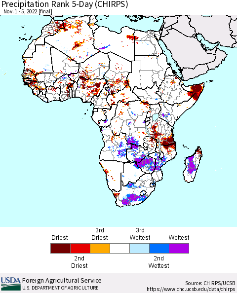 Africa Precipitation Rank 5-Day (CHIRPS) Thematic Map For 11/1/2022 - 11/5/2022