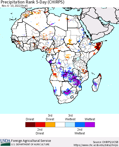 Africa Precipitation Rank 5-Day (CHIRPS) Thematic Map For 11/6/2022 - 11/10/2022