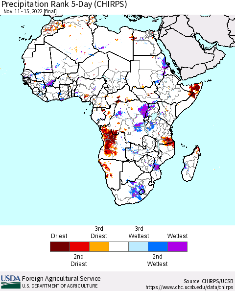 Africa Precipitation Rank 5-Day (CHIRPS) Thematic Map For 11/11/2022 - 11/15/2022