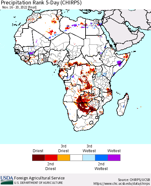 Africa Precipitation Rank 5-Day (CHIRPS) Thematic Map For 11/16/2022 - 11/20/2022