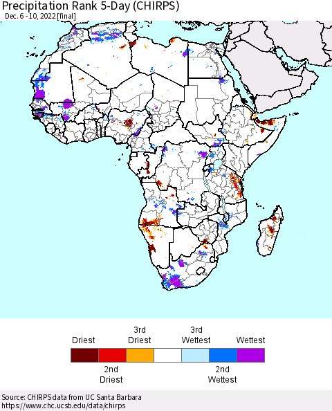 Africa Precipitation Rank 5-Day (CHIRPS) Thematic Map For 12/6/2022 - 12/10/2022