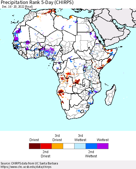 Africa Precipitation Rank since 1981, 5-Day (CHIRPS) Thematic Map For 12/16/2022 - 12/20/2022