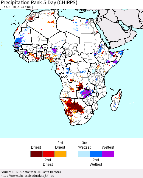 Africa Precipitation Rank since 1981, 5-Day (CHIRPS) Thematic Map For 1/6/2023 - 1/10/2023