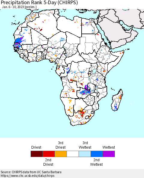 Africa Precipitation Rank 5-Day (CHIRPS) Thematic Map For 1/6/2023 - 1/10/2023