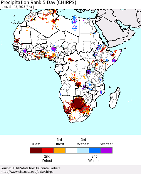 Africa Precipitation Rank since 1981, 5-Day (CHIRPS) Thematic Map For 1/11/2023 - 1/15/2023