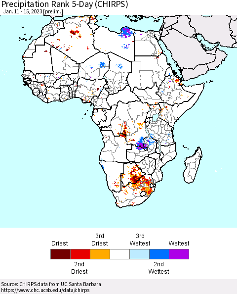 Africa Precipitation Rank 5-Day (CHIRPS) Thematic Map For 1/11/2023 - 1/15/2023