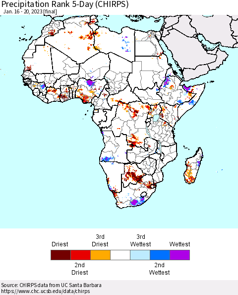 Africa Precipitation Rank 5-Day (CHIRPS) Thematic Map For 1/16/2023 - 1/20/2023