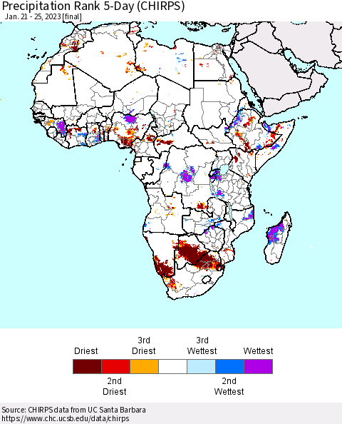 Africa Precipitation Rank 5-Day (CHIRPS) Thematic Map For 1/21/2023 - 1/25/2023