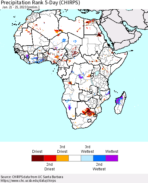 Africa Precipitation Rank 5-Day (CHIRPS) Thematic Map For 1/21/2023 - 1/25/2023