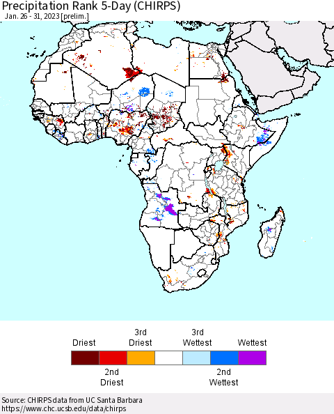 Africa Precipitation Rank 5-Day (CHIRPS) Thematic Map For 1/26/2023 - 1/31/2023