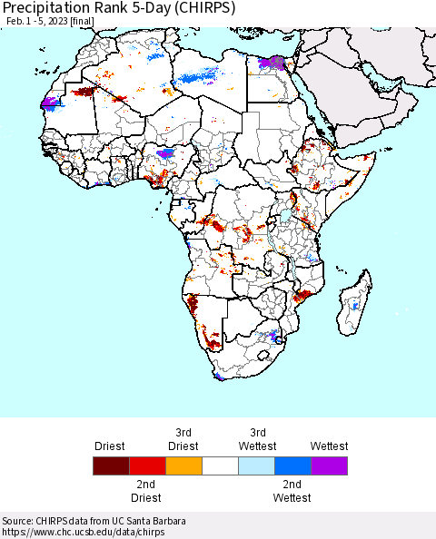 Africa Precipitation Rank 5-Day (CHIRPS) Thematic Map For 2/1/2023 - 2/5/2023