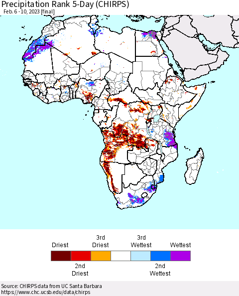 Africa Precipitation Rank since 1981, 5-Day (CHIRPS) Thematic Map For 2/6/2023 - 2/10/2023
