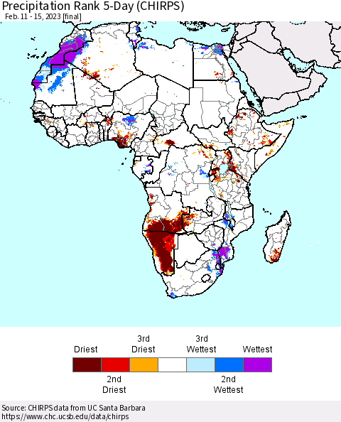 Africa Precipitation Rank 5-Day (CHIRPS) Thematic Map For 2/11/2023 - 2/15/2023
