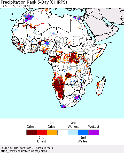 Africa Precipitation Rank 5-Day (CHIRPS) Thematic Map For 2/16/2023 - 2/20/2023
