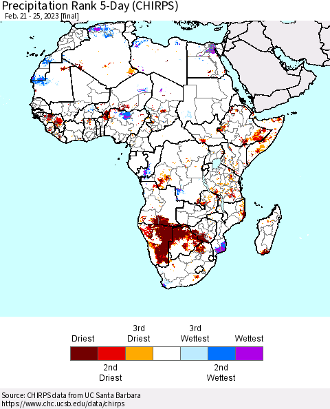 Africa Precipitation Rank since 1981, 5-Day (CHIRPS) Thematic Map For 2/21/2023 - 2/25/2023