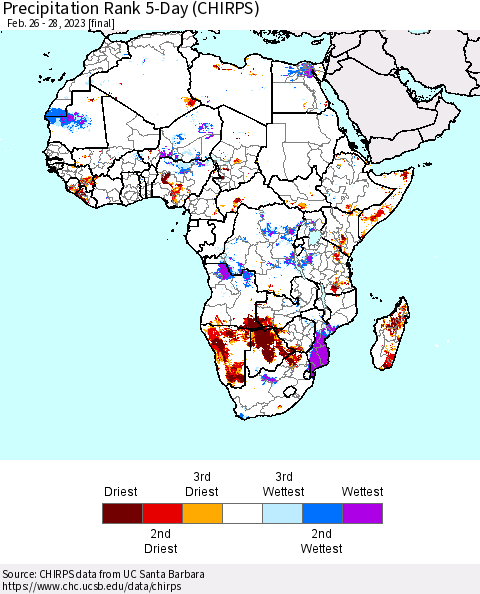 Africa Precipitation Rank 5-Day (CHIRPS) Thematic Map For 2/26/2023 - 2/28/2023