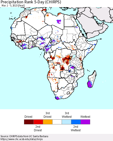 Africa Precipitation Rank since 1981, 5-Day (CHIRPS) Thematic Map For 3/1/2023 - 3/5/2023
