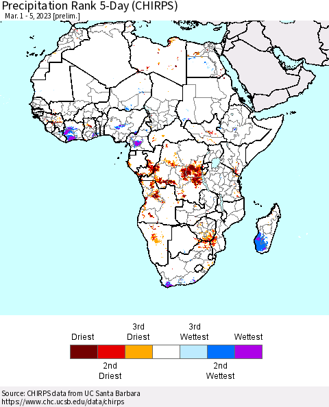 Africa Precipitation Rank 5-Day (CHIRPS) Thematic Map For 3/1/2023 - 3/5/2023