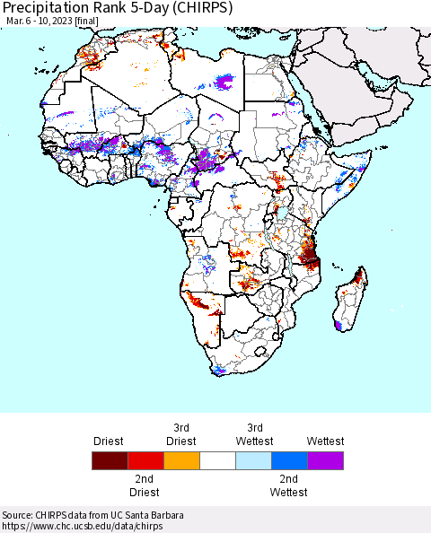 Africa Precipitation Rank since 1981, 5-Day (CHIRPS) Thematic Map For 3/6/2023 - 3/10/2023