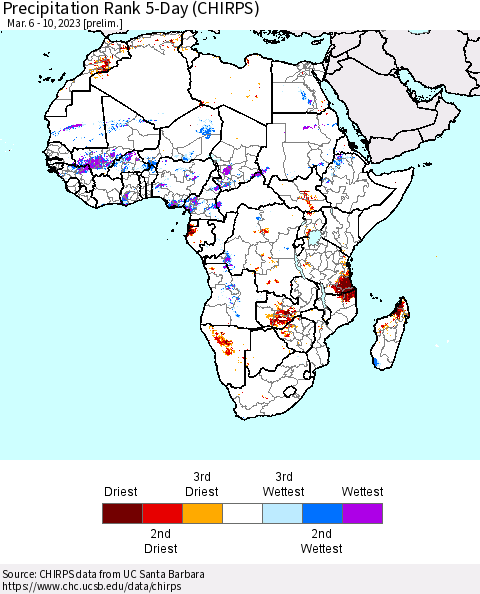 Africa Precipitation Rank 5-Day (CHIRPS) Thematic Map For 3/6/2023 - 3/10/2023