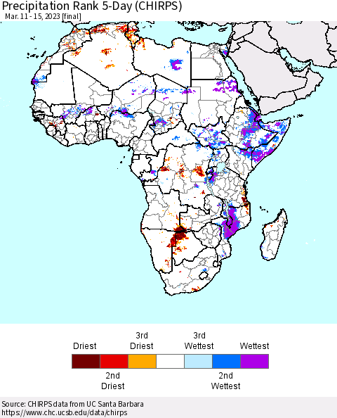 Africa Precipitation Rank since 1981, 5-Day (CHIRPS) Thematic Map For 3/11/2023 - 3/15/2023