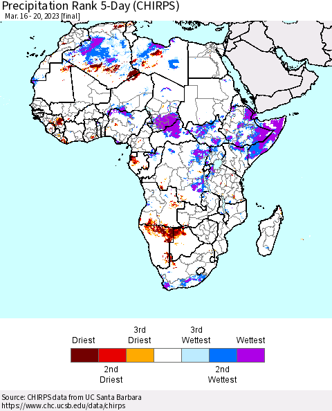 Africa Precipitation Rank since 1981, 5-Day (CHIRPS) Thematic Map For 3/16/2023 - 3/20/2023