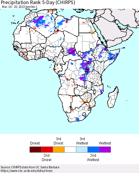 Africa Precipitation Rank 5-Day (CHIRPS) Thematic Map For 3/16/2023 - 3/20/2023
