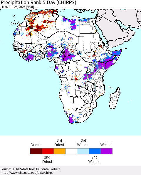 Africa Precipitation Rank since 1981, 5-Day (CHIRPS) Thematic Map For 3/21/2023 - 3/25/2023