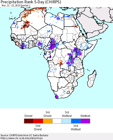 Africa Precipitation Rank 5-Day (CHIRPS) Thematic Map For 3/21/2023 - 3/25/2023