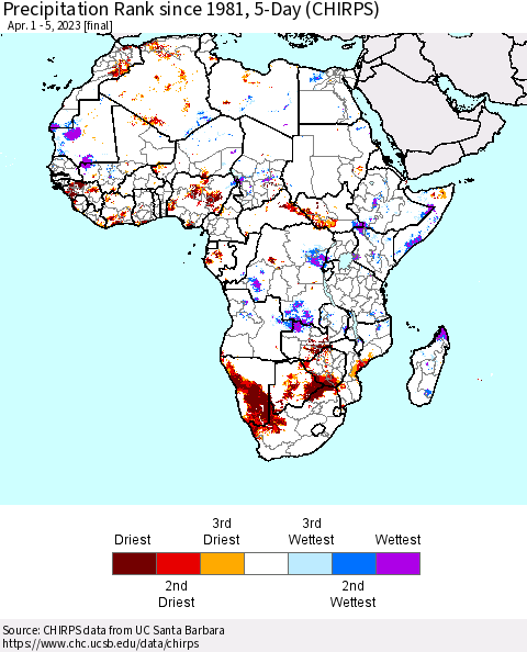 Africa Precipitation Rank since 1981, 5-Day (CHIRPS) Thematic Map For 4/1/2023 - 4/5/2023