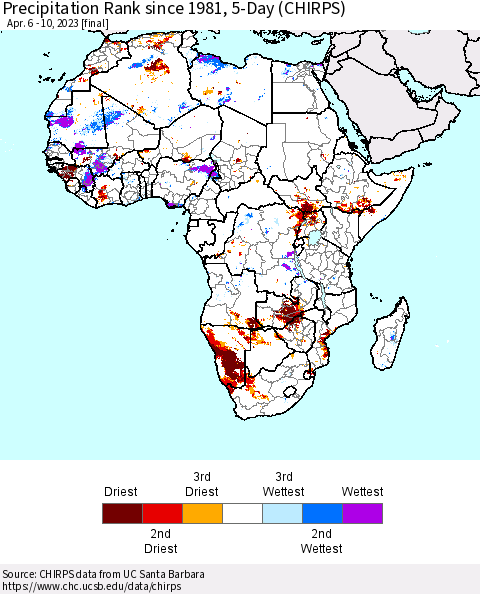 Africa Precipitation Rank since 1981, 5-Day (CHIRPS) Thematic Map For 4/6/2023 - 4/10/2023
