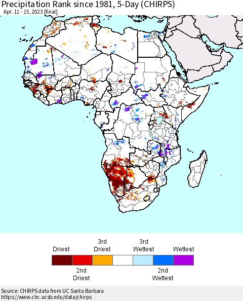 Africa Precipitation Rank since 1981, 5-Day (CHIRPS) Thematic Map For 4/11/2023 - 4/15/2023