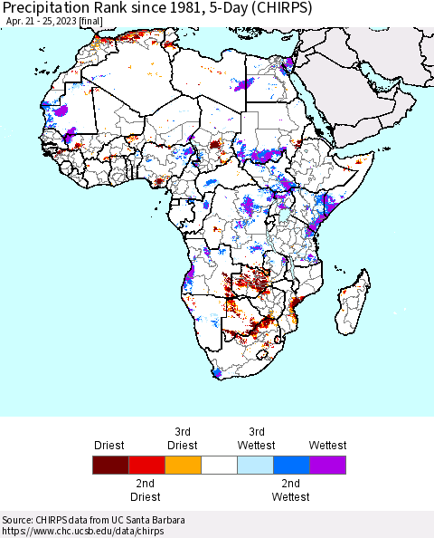 Africa Precipitation Rank since 1981, 5-Day (CHIRPS) Thematic Map For 4/21/2023 - 4/25/2023