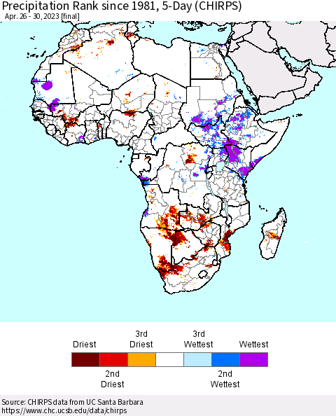 Africa Precipitation Rank since 1981, 5-Day (CHIRPS) Thematic Map For 4/26/2023 - 4/30/2023