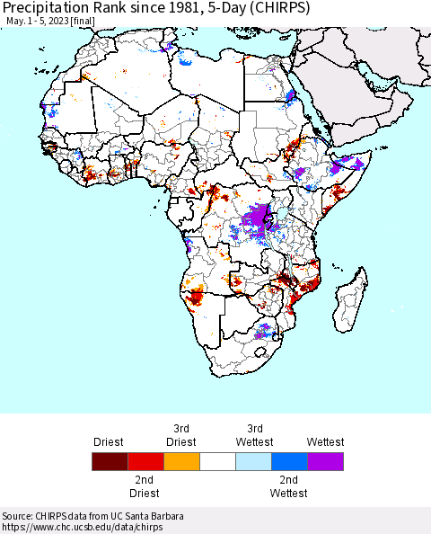 Africa Precipitation Rank since 1981, 5-Day (CHIRPS) Thematic Map For 5/1/2023 - 5/5/2023