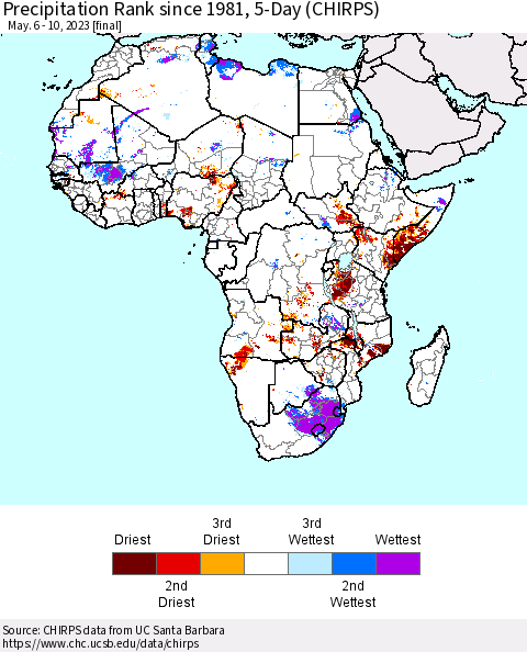 Africa Precipitation Rank since 1981, 5-Day (CHIRPS) Thematic Map For 5/6/2023 - 5/10/2023