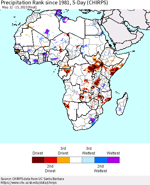 Africa Precipitation Rank since 1981, 5-Day (CHIRPS) Thematic Map For 5/11/2023 - 5/15/2023