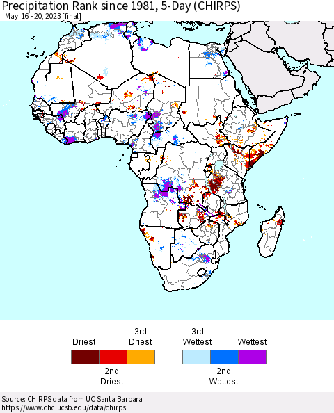 Africa Precipitation Rank since 1981, 5-Day (CHIRPS) Thematic Map For 5/16/2023 - 5/20/2023