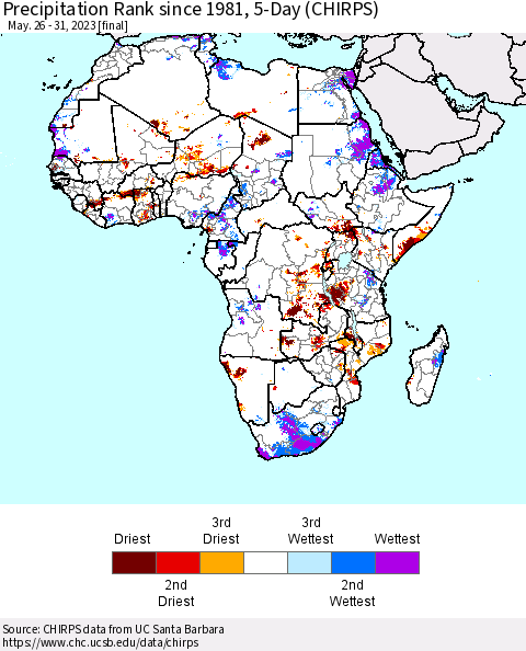 Africa Precipitation Rank since 1981, 5-Day (CHIRPS) Thematic Map For 5/26/2023 - 5/31/2023