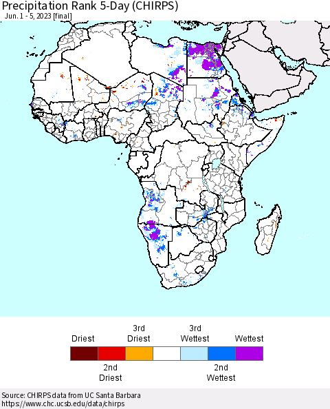 Africa Precipitation Rank since 1981, 5-Day (CHIRPS) Thematic Map For 6/1/2023 - 6/5/2023