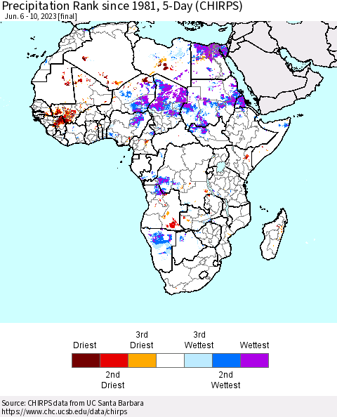 Africa Precipitation Rank since 1981, 5-Day (CHIRPS) Thematic Map For 6/6/2023 - 6/10/2023