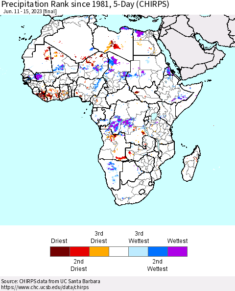 Africa Precipitation Rank since 1981, 5-Day (CHIRPS) Thematic Map For 6/11/2023 - 6/15/2023