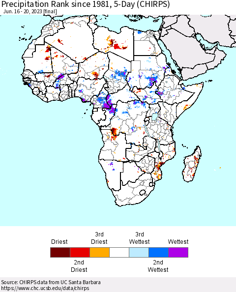 Africa Precipitation Rank since 1981, 5-Day (CHIRPS) Thematic Map For 6/16/2023 - 6/20/2023