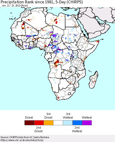 Africa Precipitation Rank since 1981, 5-Day (CHIRPS) Thematic Map For 6/21/2023 - 6/25/2023