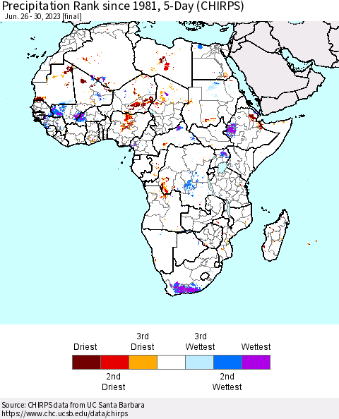 Africa Precipitation Rank since 1981, 5-Day (CHIRPS) Thematic Map For 6/26/2023 - 6/30/2023