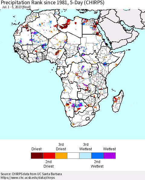 Africa Precipitation Rank since 1981, 5-Day (CHIRPS) Thematic Map For 7/1/2023 - 7/5/2023
