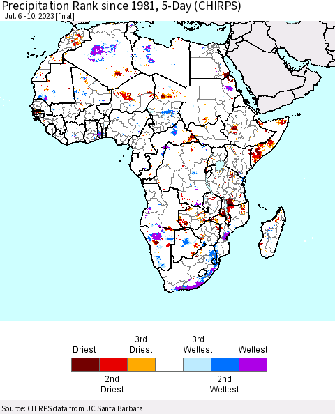 Africa Precipitation Rank since 1981, 5-Day (CHIRPS) Thematic Map For 7/6/2023 - 7/10/2023