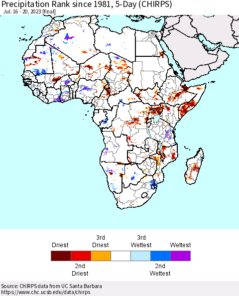 Africa Precipitation Rank since 1981, 5-Day (CHIRPS) Thematic Map For 7/16/2023 - 7/20/2023