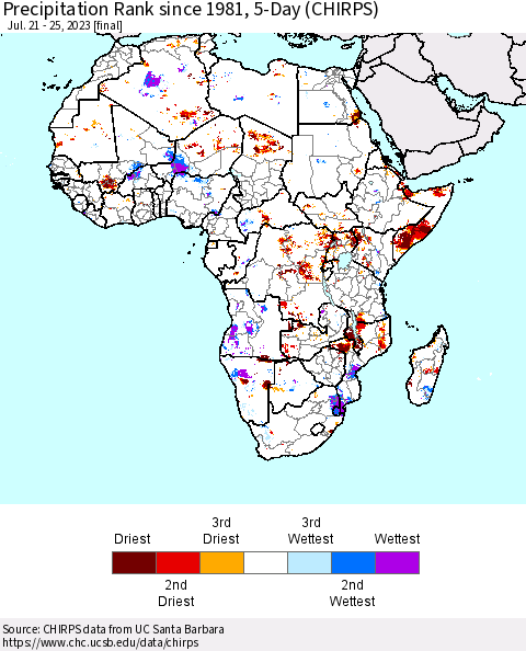 Africa Precipitation Rank since 1981, 5-Day (CHIRPS) Thematic Map For 7/21/2023 - 7/25/2023